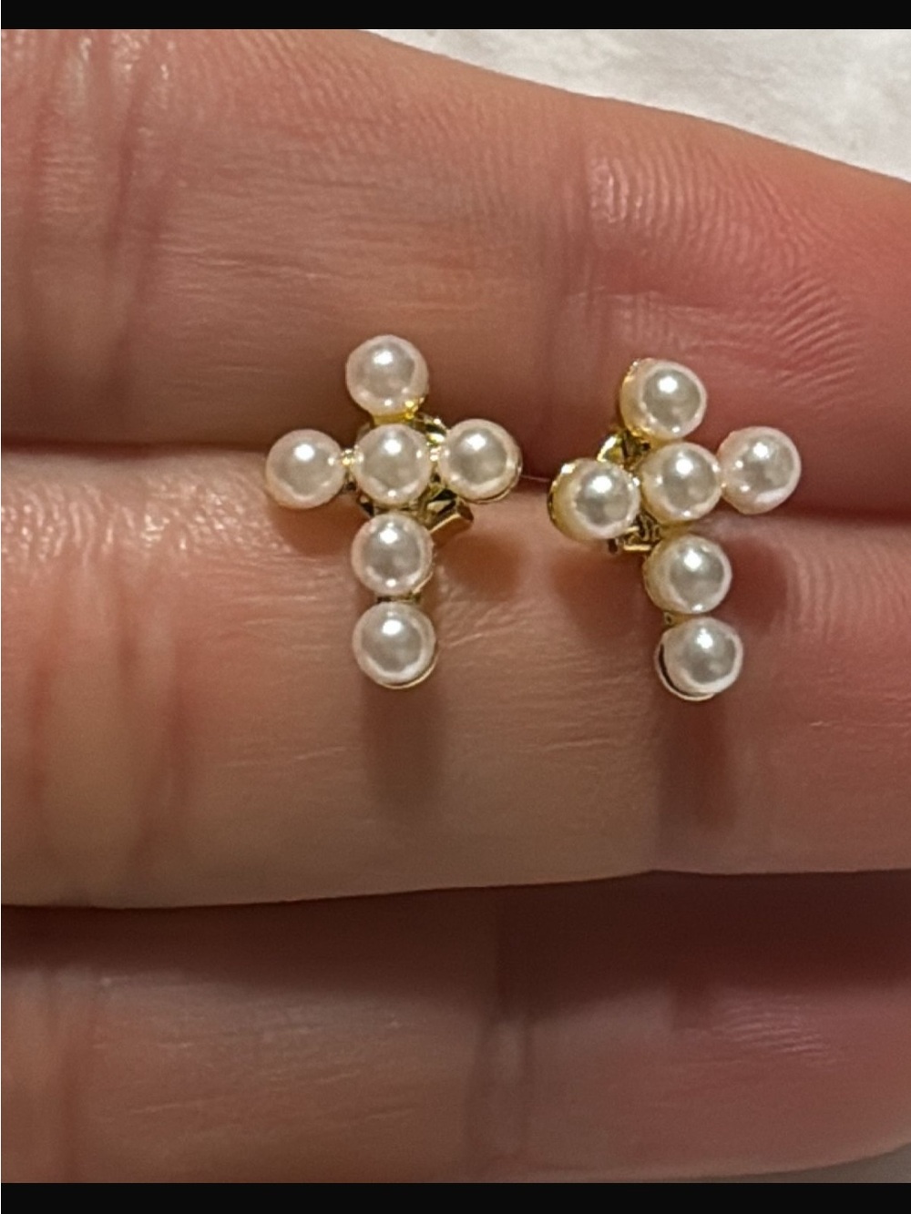 Pearl Cluster Cross Stud Earrings - Gold Tone